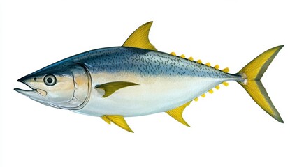 Detailed illustration of a yellowfin tuna, showcasing its blue and silver body, distinctive yellow fins, and streamlined shape against a white background.