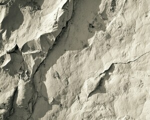A rugged rock face displaying a variety of deep cracks and fissures, showcasing its weathered texture and geological features, illuminated by soft natural light.