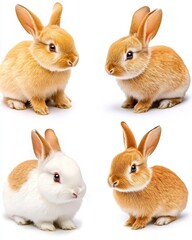 Fototapeta premium Four adorable rabbits, two light brown and two white and brown, posed against a white background. Studio shot of fluffy bunnies.