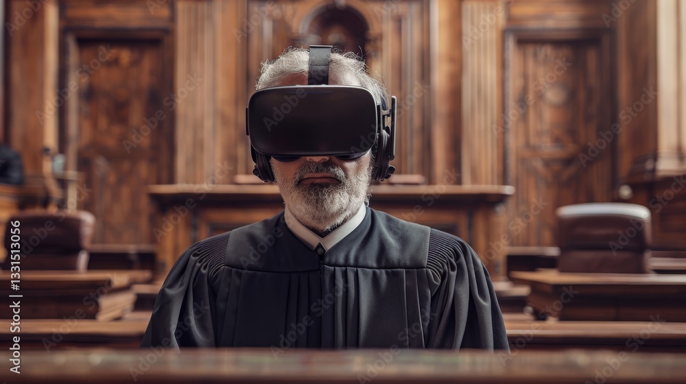 Aufkleber judge utilizing virtual reality technology during a trial in a modern courtroom setting