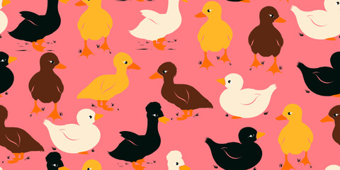 Cute ducks in Seamless Pattern. Farm ducks silhouettes hand drawn isolated on pink background. Black and white ducklings silhouettes, bird farm. 