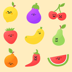 Cute cartoon vegetables and fruits. apple, raspberry, strawberry, watermelon, peach, orange, pear, cherry and lemon. Cartoon fruit character set.