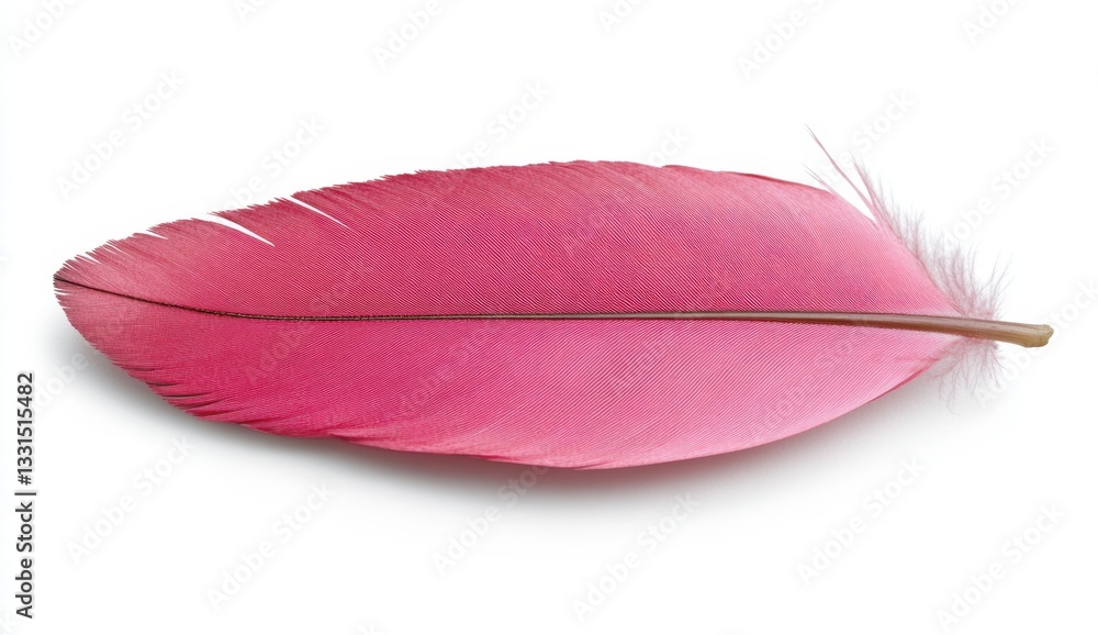 Poster single pink bird feather with intricate pattern isolated on white background. detailed texture and v