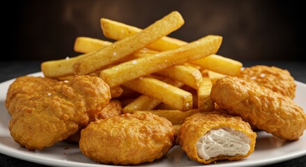 Crispy Chicken Nuggets and Golden French Fries Assortment - A delicious assortment of crispy fried chicken nuggets and golden french fries, perfect for a quick meal or snack. Represents comfort food