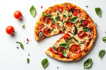 Top shot high view lay flat image of a freshly baked pizza, on white background.