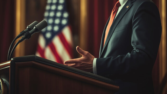 An American politician giving speech and US flag on the background.