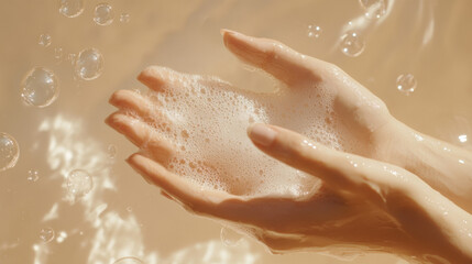Fototapeta premium Hands Covered in Soapy Bubbles with Floating Foam