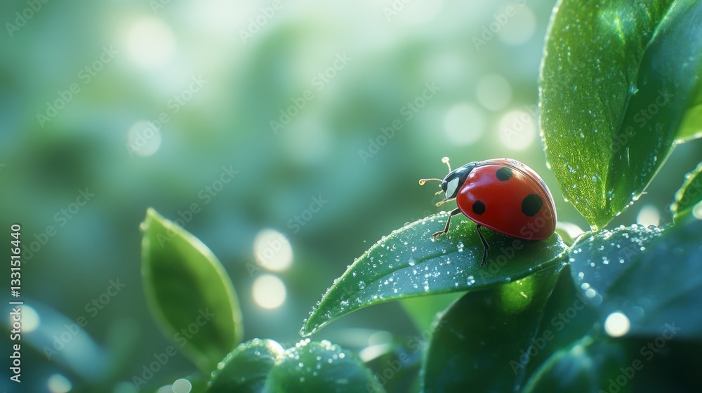 Aufkleber red ladybug on a dew covered green leaf in soft sunlight. close up view with bokeh background.
