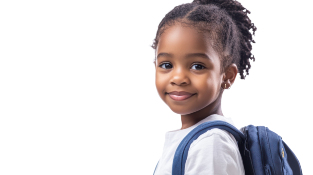 Young girl with a backpack smiling confidently in a bright setting