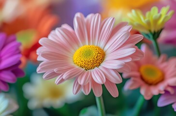 Obraz premium Vibrant Pink and Yellow Daisy Flower Among Colorful Blossoms in Soft Focus Floral Arrangement for Nature and Spring Themes