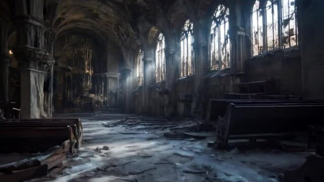 A ruined cathedral with broken pews and frozen floors. Light streams through shattered stained-glass windows, casting an eerie glow. A lone figure in a hooded cloak sits in the shadows.