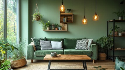 A beautifully designed living room showcases a plush green sofa and a rustic wooden coffee table surrounded by vibrant houseplants. The warm lighting adds a welcoming touch