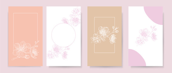 Abstract backgrounds with hand drawn spring floral elements of minimal line art in pastel colors. Templates for card, wedding invitation, poster, flyer, social media post, banner, cover