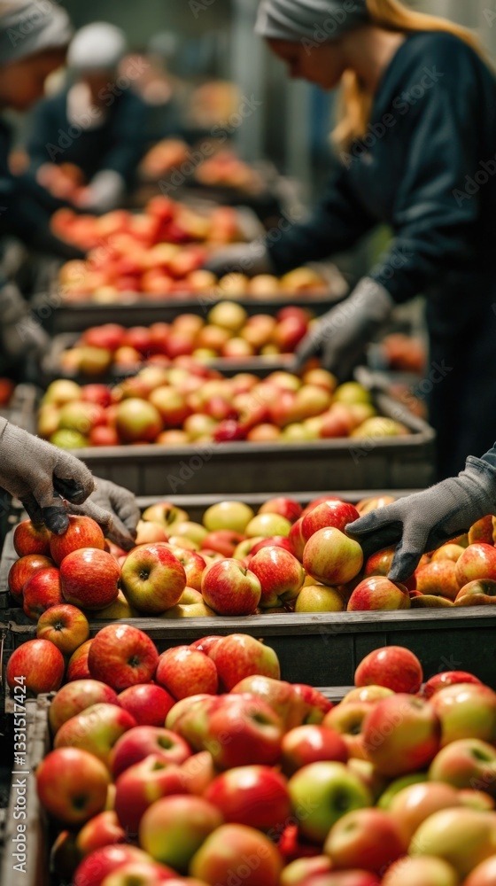 Poster A group of workers sorting apples in a factory setting