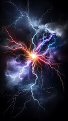 Obraz premium Electrifying storm event glowing violet and red plasma lightning crackling in a dark sky at night
