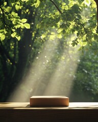 Wooden platform in a sunlit forest