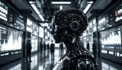 Futuristic Robot Head in High-Tech Digital Environment with Financial Data and Human Silhouettes