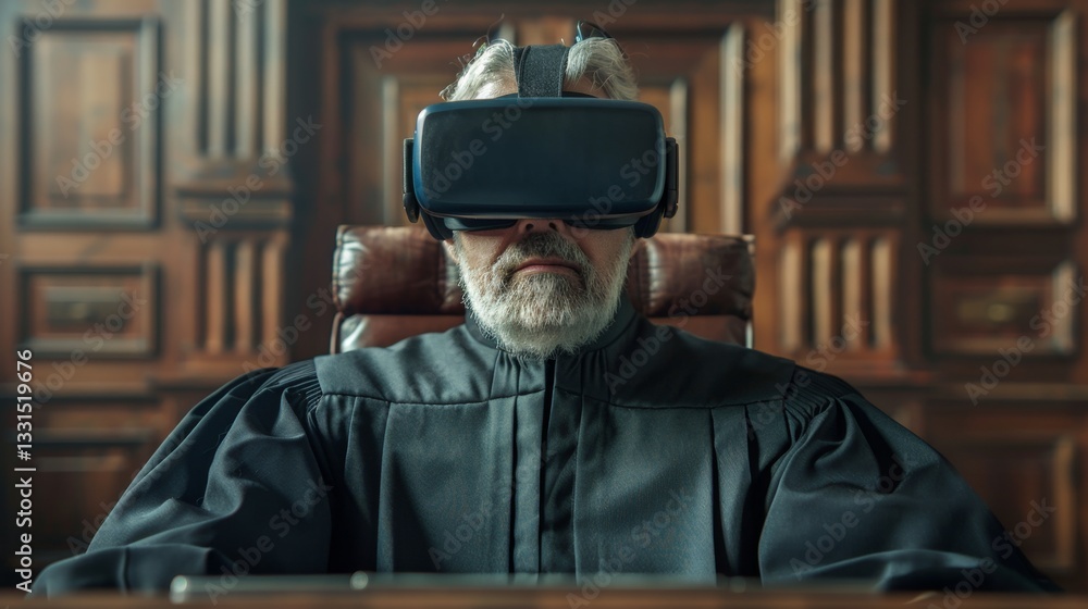 Aufkleber judge engages in virtual reality trial within a courtroom setting using augmented technology