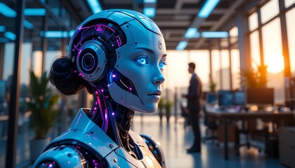 Futuristic Robot with Blue Eyes in Modern Office Setting during Sunset with Professional Man in Background