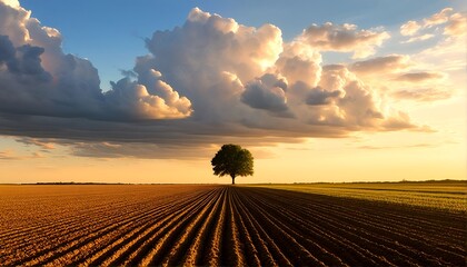 Fototapeta premium A two-image composite of fields with rows of dirt and trees in the distance, under a cloudy sky.