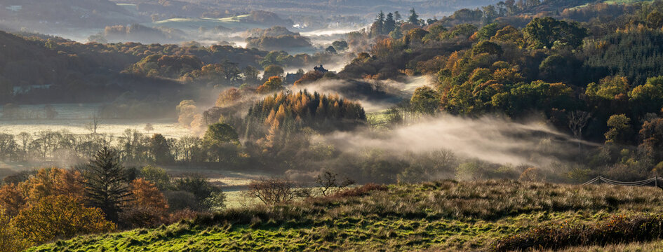 Misty autumn morning in the Fleet Valley National Scenic Area, near Gatehouse of Fleet, Dumfries & Galloway, Scotland