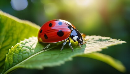 Fototapeta premium Vibrant macro photo of a red ladybug with black spots, resting on a fresh green leaf with a soft, blurred background.