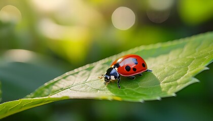 Fototapeta premium Vibrant macro photo of a red ladybug with black spots, resting on a fresh green leaf with a soft, blurred background.
