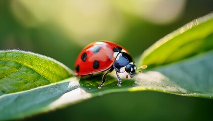 Fototapeta premium Vibrant macro photo of a red ladybug with black spots, resting on a fresh green leaf with a soft, blurred background.