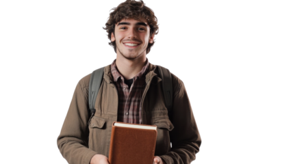 Young man smiles while holding a book and wearing a backpack in a bright, plain setting