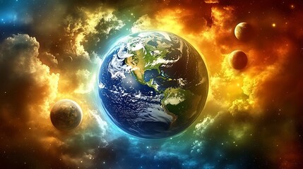 Fototapeta premium A beautiful planet surrounded by celestial bodies in space