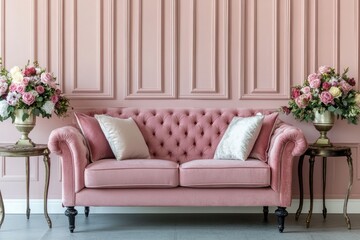 Pink velvet sofa with floral arrangements.