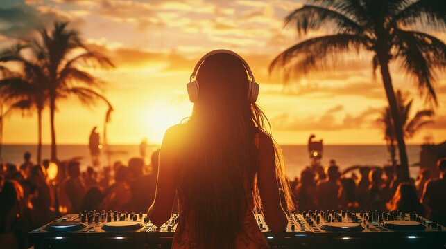 A DJ girl with long hair and headphones plays music at sunset. Party by the sea, tropical atmosphere and dancing