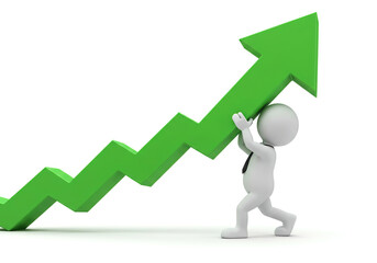 Animated character pushing a green arrow upwards, symbolizing growth, on a white background. Concept of business success. 3D Rendering