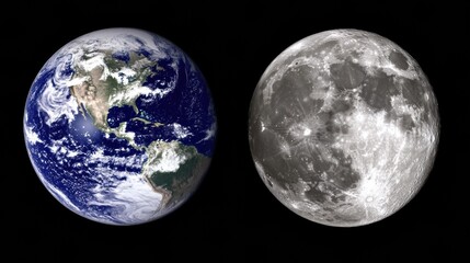 Fototapeta premium Earth and Moon in Space Detailed View of Planetary Surfaces