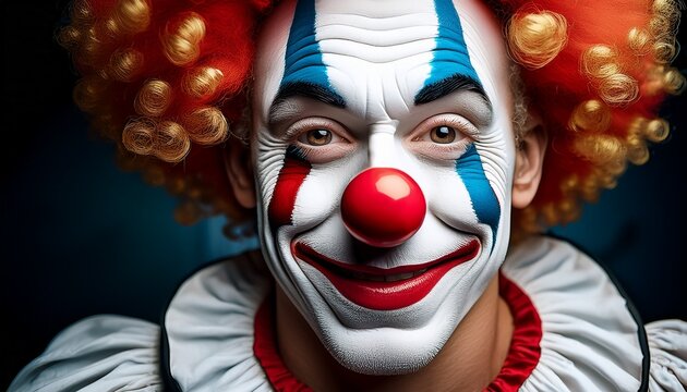 Classic close-up portrait of a traditional circus clown with white face paint, a red nose, and a colorful, curly wig.

