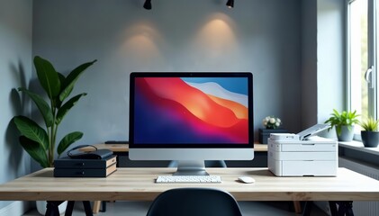 Modern gray office interior with computer on desk, modern, desk