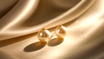 Obraz premium A close-up of two pearl earrings against a silky gold fabric.