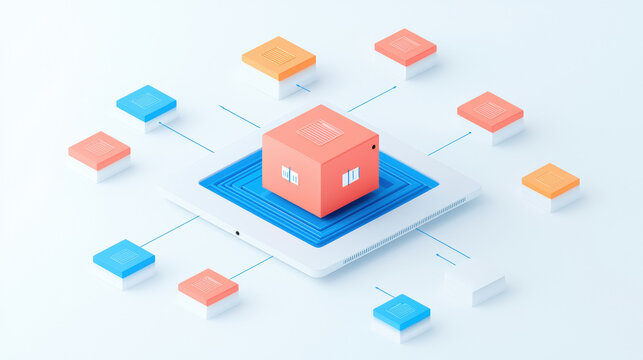 Data Protection Regulation and Secure Backup, digital network with central cube and connected nodes