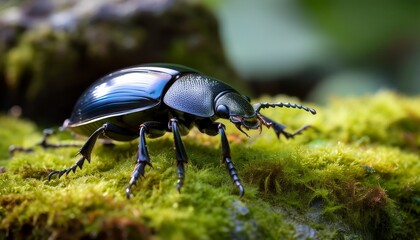Naklejka premium Detailed macro photo of a beetle with a shiny dark shell walking across green, moss-covered rocks.