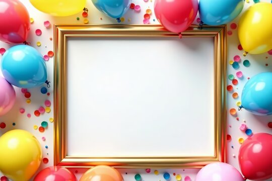 Gold frame surrounded by colorful balloons and confetti on white background, festive, decor