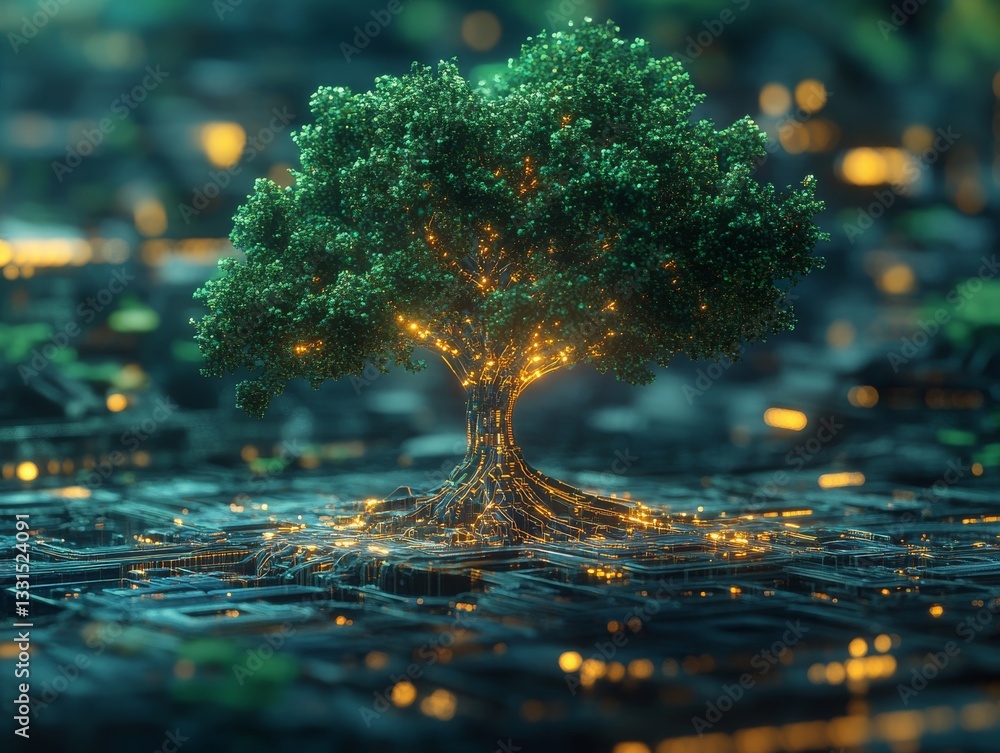 Poster digital tree of life: interconnected network root system glowing with energy, symbolizing growth, in