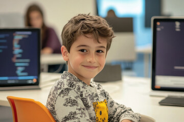 Smart young boy learning programming in school computer lab
