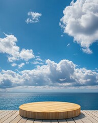 Obraz premium Wooden podium on a wooden deck overlooking the ocean under a vibrant blue sky