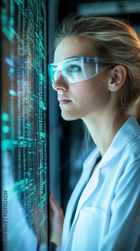 Poster focused female scientist in a white lab coat examines a large digital screen displaying green code. 