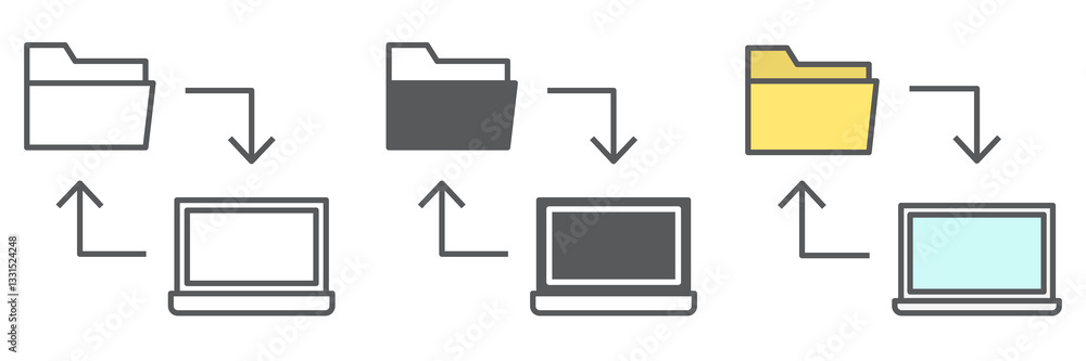 Poster data share icon collection, database and transfer, laptop with folder vector icon set, vector graphi