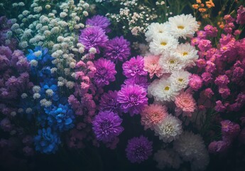 Fototapeta premium Vibrant Variety of Colorful Flowers in Full Bloom with Soft Focus and Dewdrops on Petals Capturing Nature's Beauty and Serenity