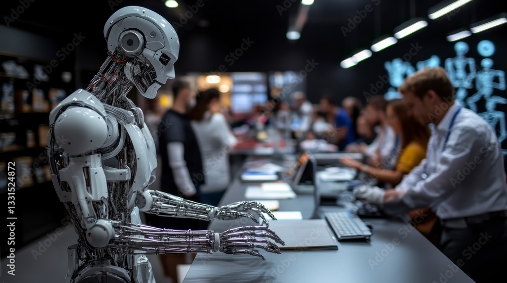 Poster a futuristic humanoid robot interacts with a blurred background of people working in a modern office