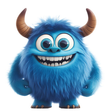 A cute blue monster with horns, fluffy hair, and big eyes smiling isolated on transparent background