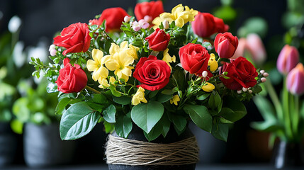 Colorful flower arrangement in dark vase