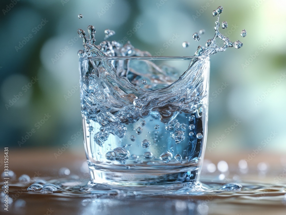 Poster refreshing splash: close-up of water exploding in a glass, showcasing purity and dynamic movement ag